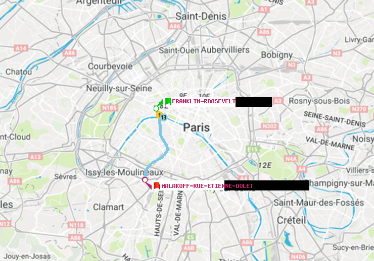 plan itinéraire ratp de Franklin-Roosevelt à Malakoff-Rue Etienne Dolet