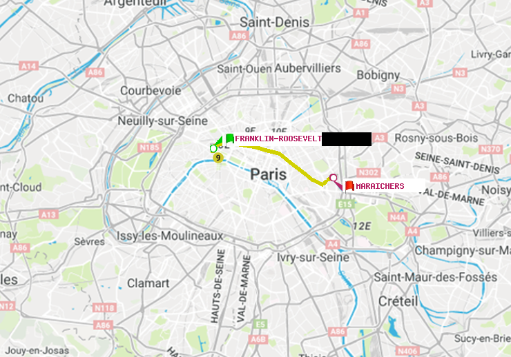 plan itinéraire ratp de Franklin-Roosevelt à Maraichers