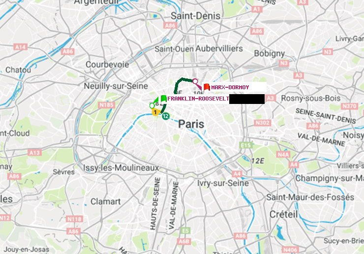 plan itinéraire ratp de Franklin-Roosevelt à Marx-Dormoy