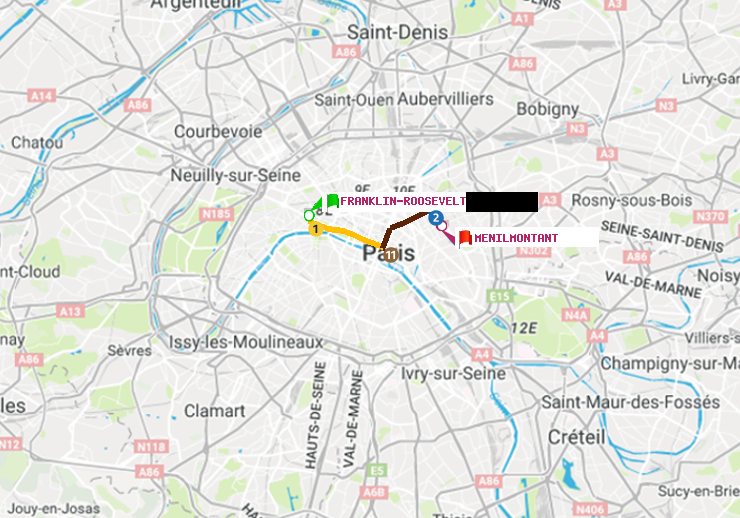 plan itinéraire ratp de Franklin-Roosevelt à Ménilmontant