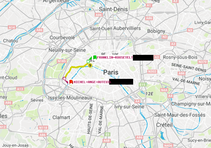 plan itinéraire ratp de Franklin-Roosevelt à Michel-Ange-Auteuil