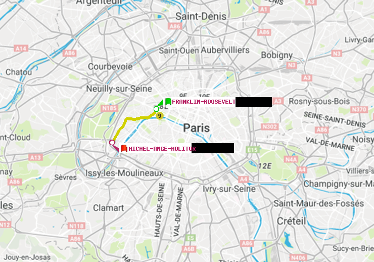 plan itinéraire ratp de Franklin-Roosevelt à Michel-Ange-Molitor