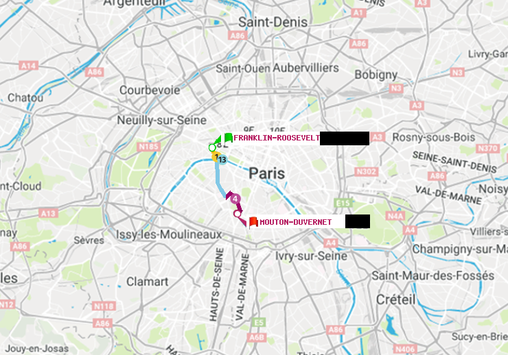 plan itinéraire ratp de Franklin-Roosevelt à Mouton-Duvernet