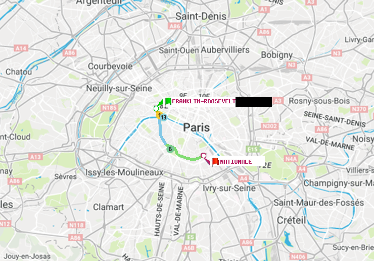 plan itinéraire ratp de Franklin-Roosevelt à Nationale