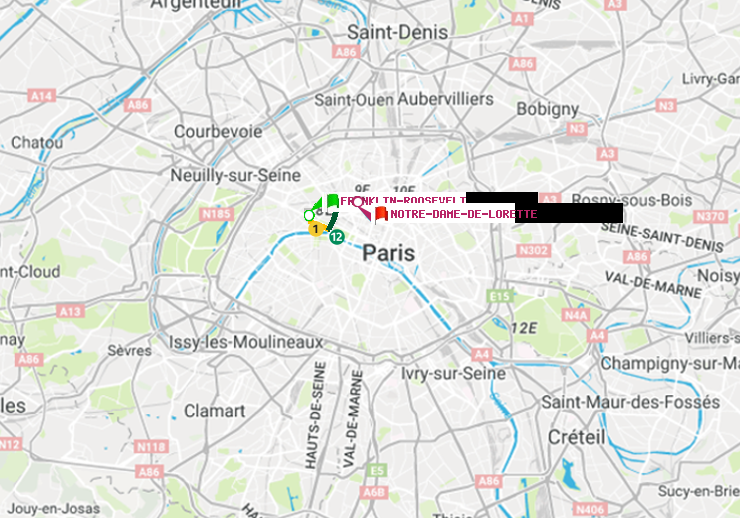 plan itinéraire ratp de Franklin-Roosevelt à Notre-Dame de Lorette