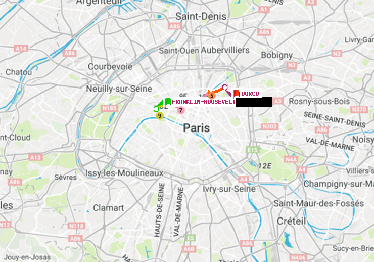 plan itinéraire ratp de Franklin-Roosevelt à Ourcq