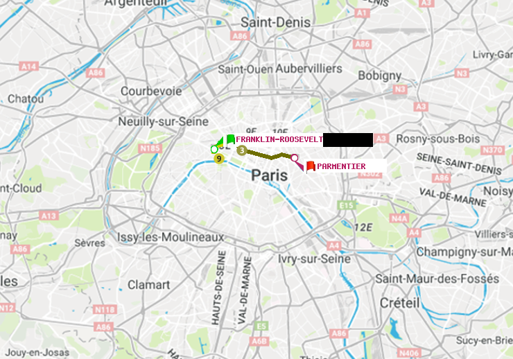 plan itinéraire ratp de Franklin-Roosevelt à Parmentier