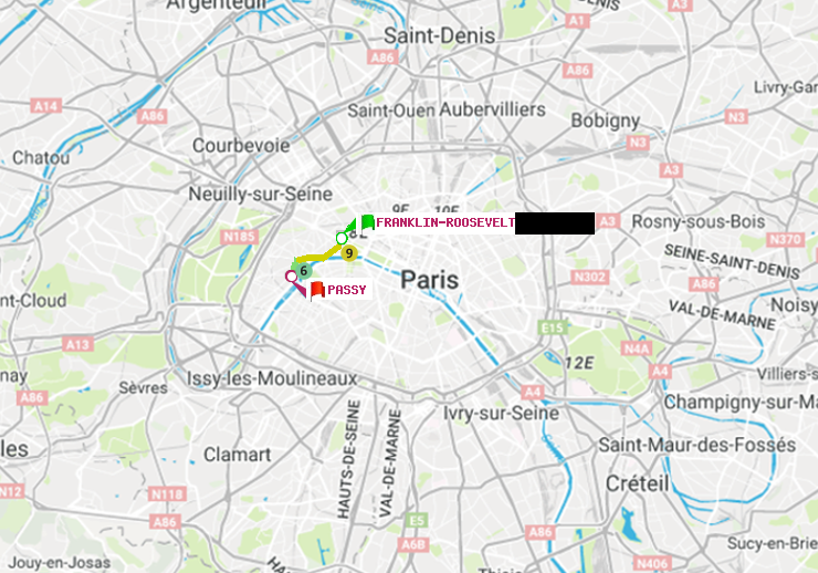 plan itinéraire ratp de Franklin-Roosevelt à Passy