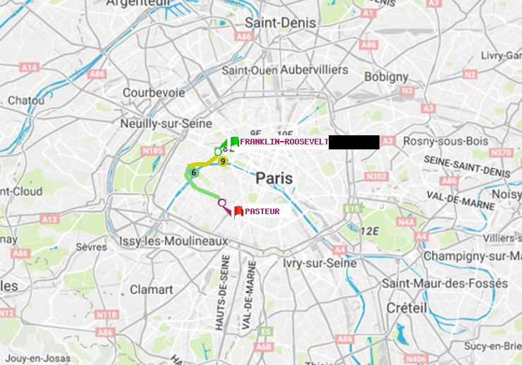 plan itinéraire ratp de Franklin-Roosevelt à Pasteur