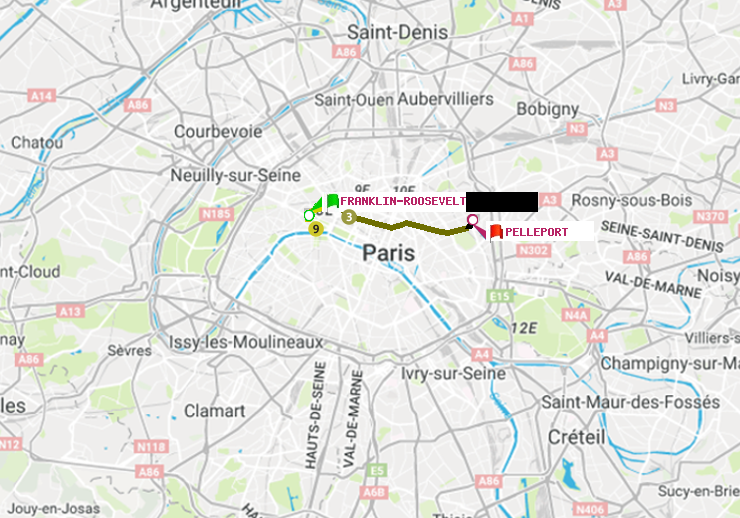 plan itinéraire ratp de Franklin-Roosevelt à Pelleport