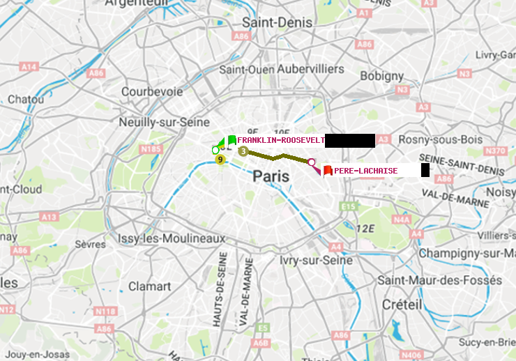 plan itinéraire ratp de Franklin-Roosevelt à Père-Lachaise
