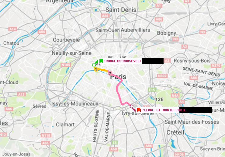 plan itinéraire ratp de Franklin-Roosevelt à Pierre et Marie Curie
