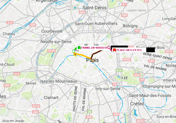 plan itinéraire ratp de Franklin-Roosevelt à Place des Fêtes