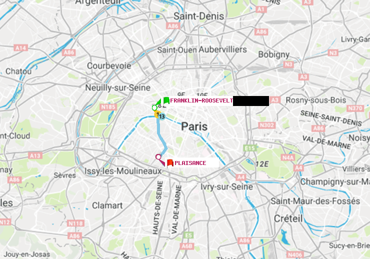 plan itinéraire ratp de Franklin-Roosevelt à Plaisance