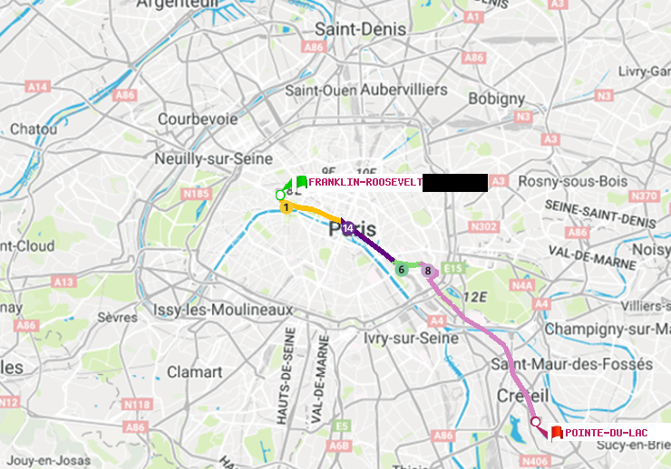 plan itinéraire ratp de Franklin-Roosevelt à Pointe du Lac