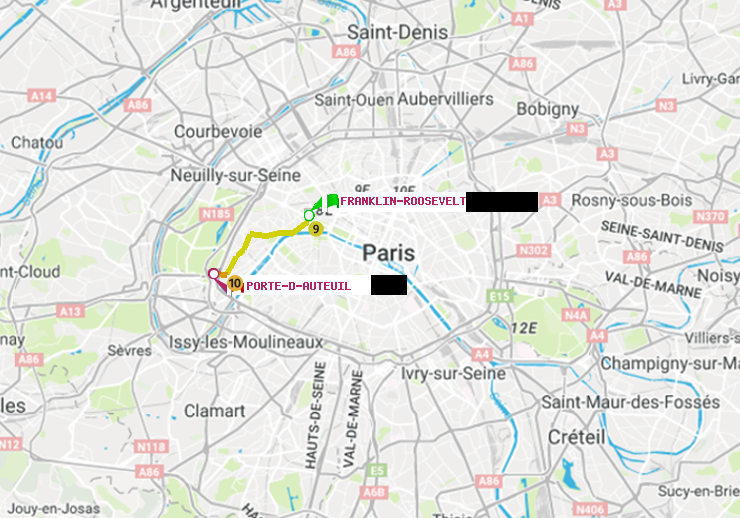 plan itinéraire ratp de Franklin-Roosevelt à Porte d