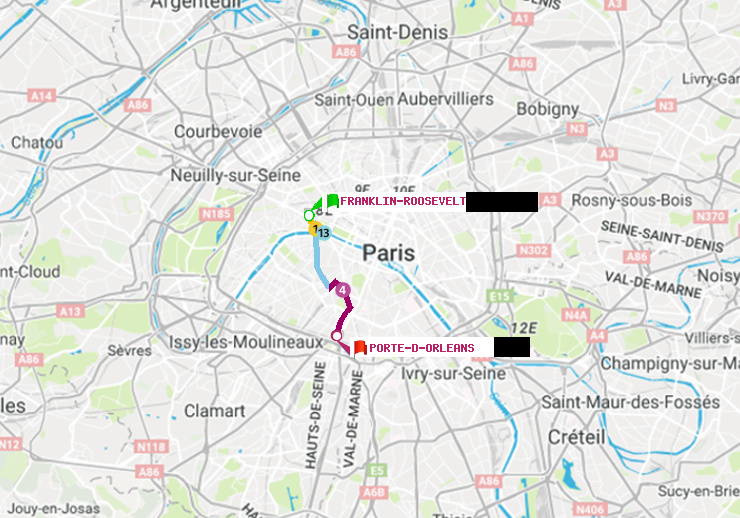 plan itinéraire ratp de Franklin-Roosevelt à Porte d