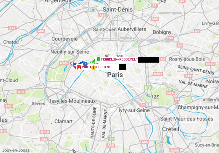 plan itinéraire ratp de Franklin-Roosevelt à Porte Dauphine (Maréchal de Lattre de Tassigny)