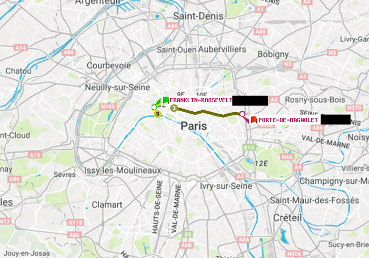 plan itinéraire ratp de Franklin-Roosevelt à Porte de Bagnolet