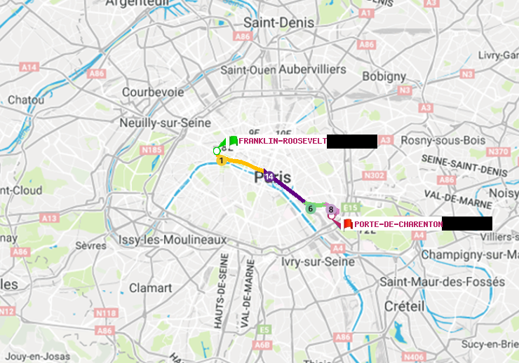 plan itinéraire ratp de Franklin-Roosevelt à Porte de Charenton