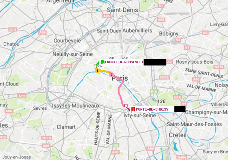 plan itinéraire ratp de Franklin-Roosevelt à Porte de Choisy