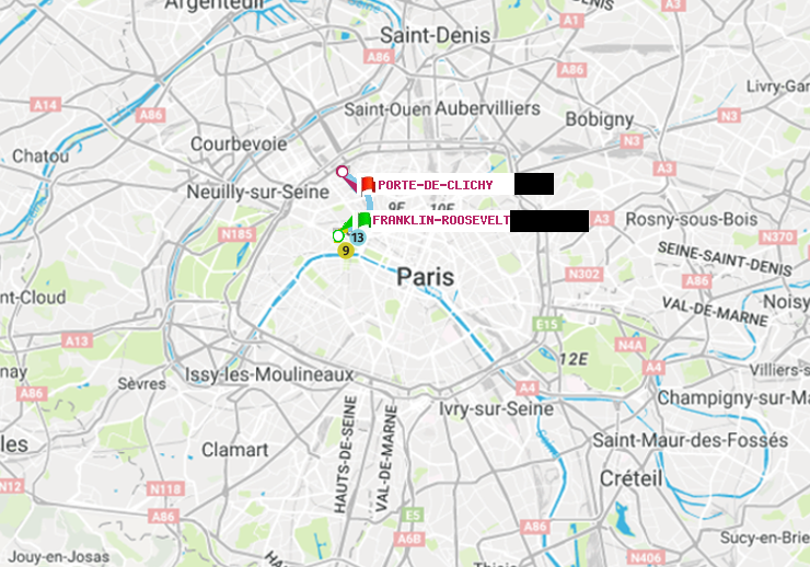 plan itinéraire ratp de Franklin-Roosevelt à Porte de Clichy
