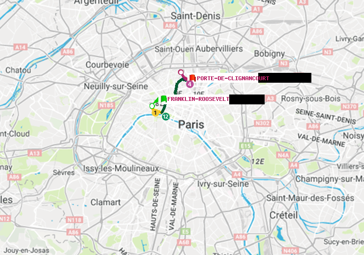 plan itinéraire ratp de Franklin-Roosevelt à Porte de Clignancourt