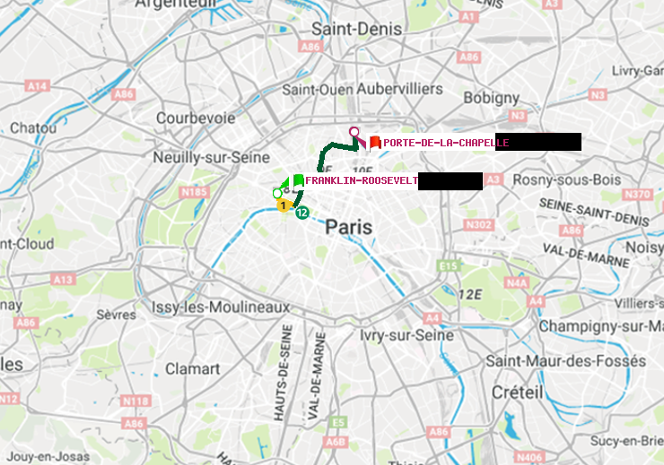 plan itinéraire ratp de Franklin-Roosevelt à Porte de la Chapelle