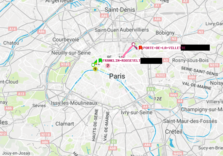 plan itinéraire ratp de Franklin-Roosevelt à Porte de la Villette