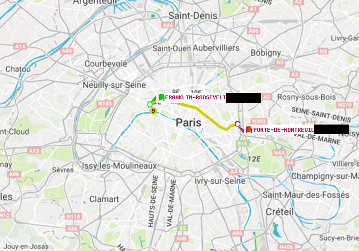 plan itinéraire ratp de Franklin-Roosevelt à Porte de Montreuil
