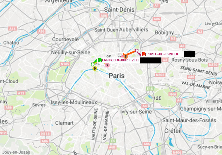 plan itinéraire ratp de Franklin-Roosevelt à Porte de Pantin