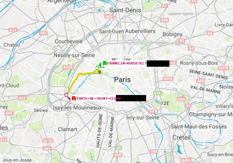 plan itinéraire ratp de Franklin-Roosevelt à Porte de Saint-Cloud