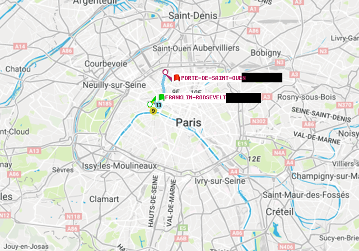 plan itinéraire ratp de Franklin-Roosevelt à Porte de Saint-Ouen