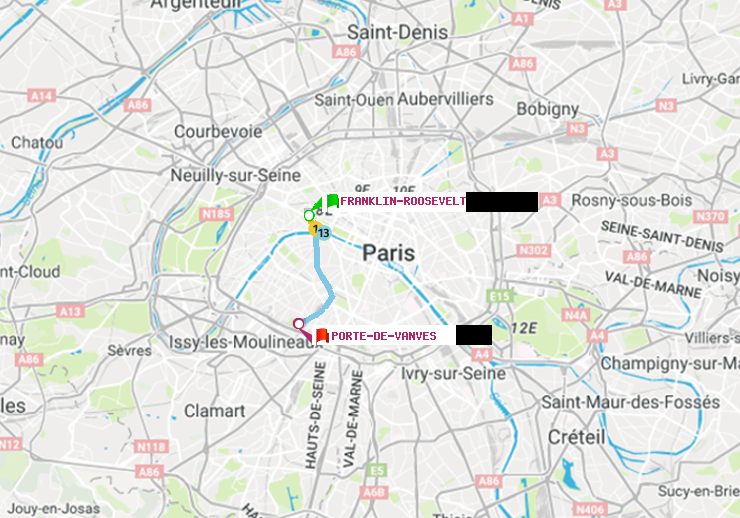 plan itinéraire ratp de Franklin-Roosevelt à Porte de Vanves