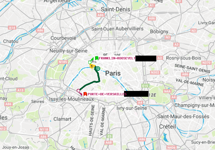 plan itinéraire ratp de Franklin-Roosevelt à Porte de Versailles