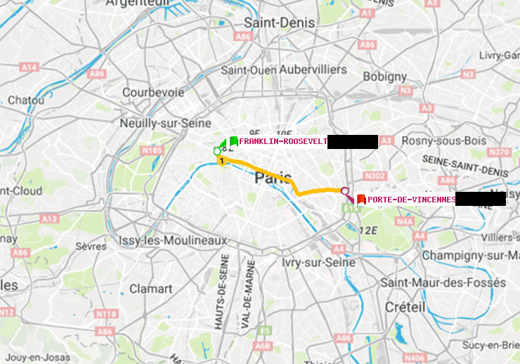 plan itinéraire ratp de Franklin-Roosevelt à Porte de Vincennes