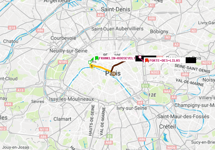 plan itinéraire ratp de Franklin-Roosevelt à Porte des Lilas