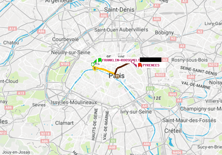 plan itinéraire ratp de Franklin-Roosevelt à Pyrenees