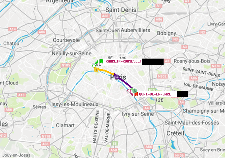 plan itinéraire ratp de Franklin-Roosevelt à Quai de la Gare
