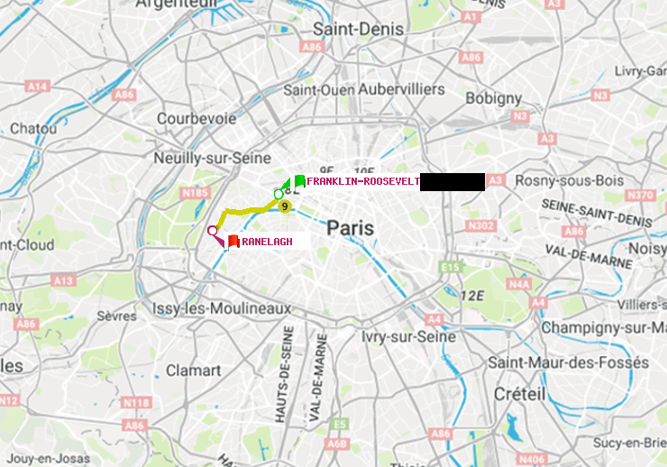 plan itinéraire ratp de Franklin-Roosevelt à Ranelagh