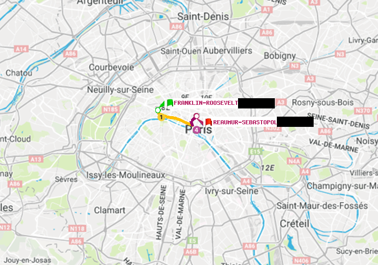 plan itinéraire ratp de Franklin-Roosevelt à Réaumur-Sébastopol