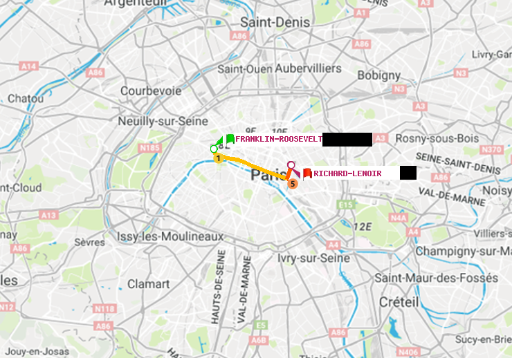 plan itinéraire ratp de Franklin-Roosevelt à Richard-Lenoir
