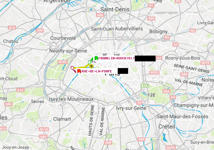 plan itinéraire ratp de Franklin-Roosevelt à Rue de la Pompe (Avenue Georges Mandel)