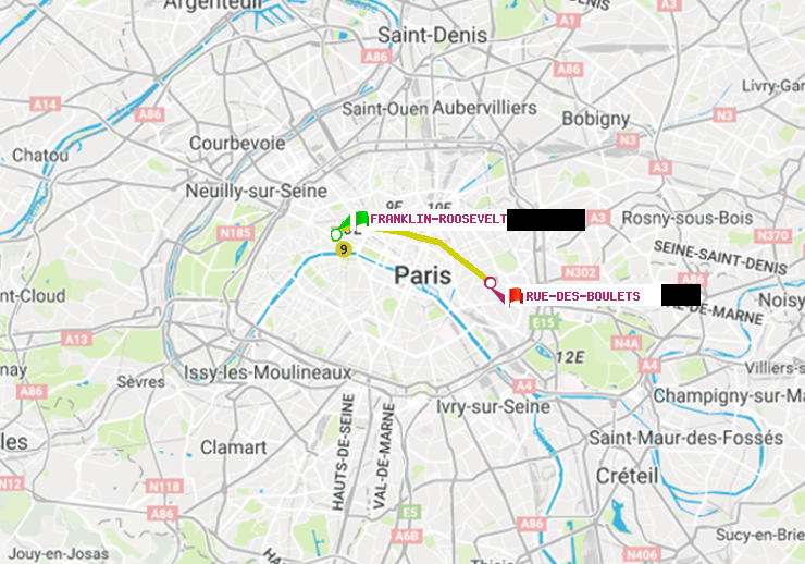 plan itinéraire ratp de Franklin-Roosevelt à Rue des Boulets