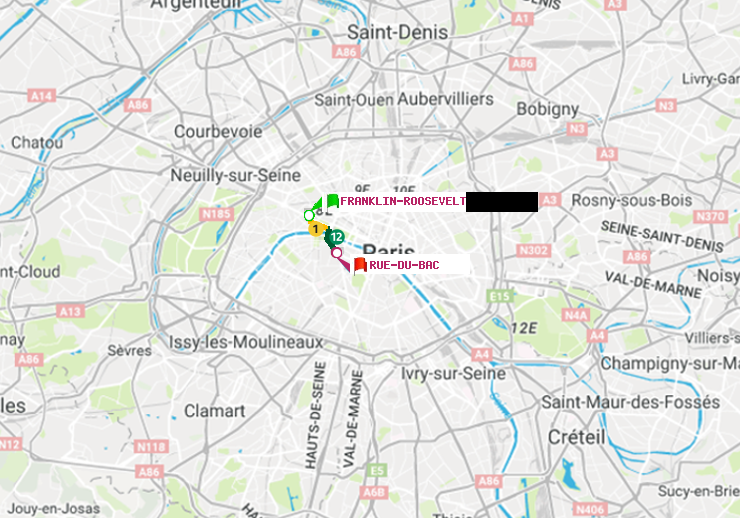 plan itinéraire ratp de Franklin-Roosevelt à Rue du Bac