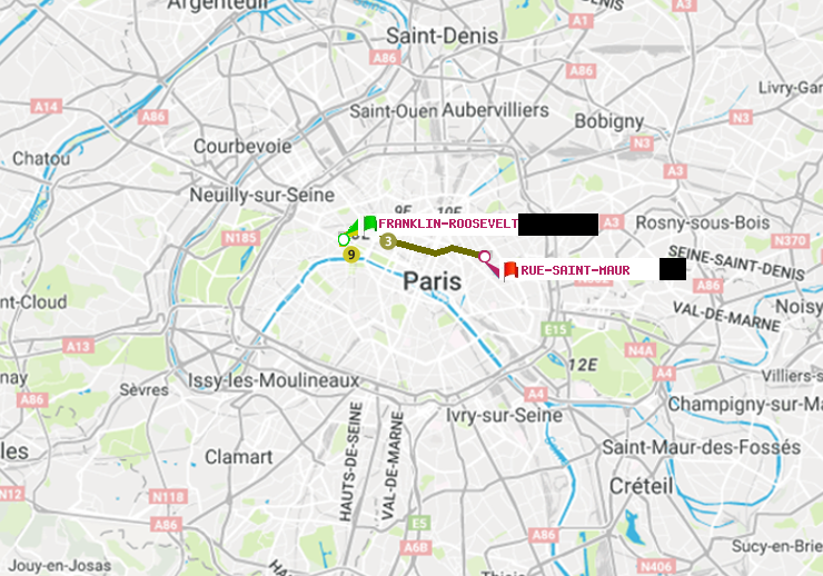 plan itinéraire ratp de Franklin-Roosevelt à Rue Saint-Maur