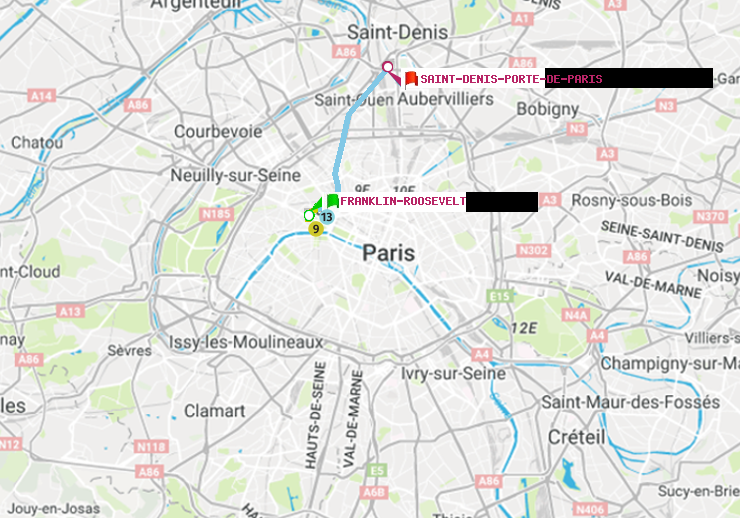 plan itinéraire ratp de Franklin-Roosevelt à Saint-Denis-Porte de Paris