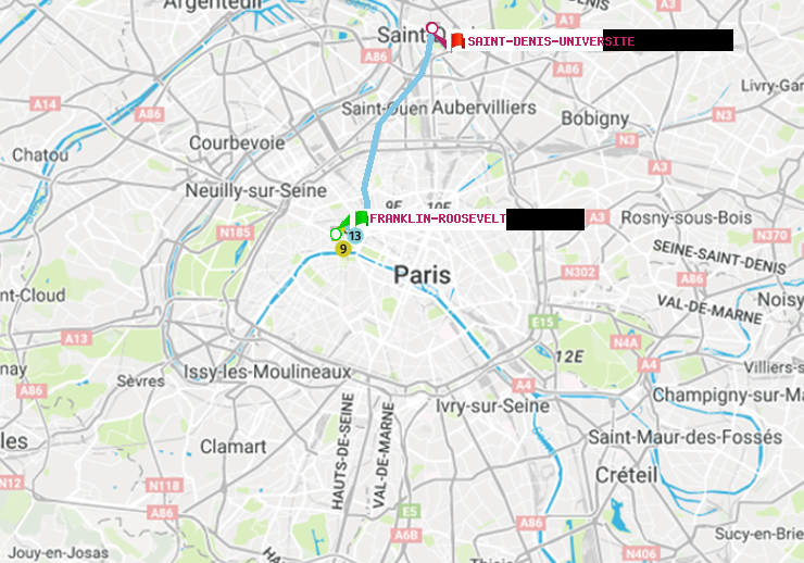plan itinéraire ratp de Franklin-Roosevelt à Saint-Denis-Universite