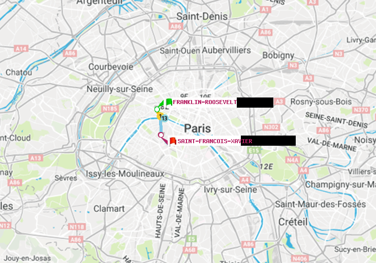 plan itinéraire ratp de Franklin-Roosevelt à Saint-Francois-Xavier