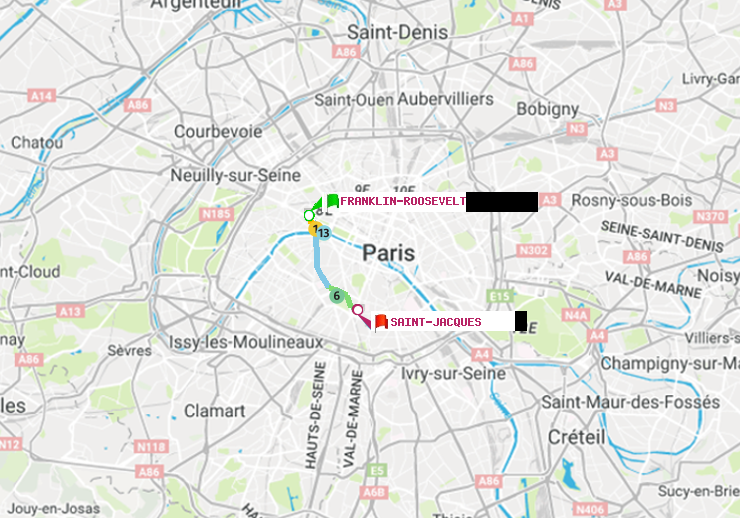 plan itinéraire ratp de Franklin-Roosevelt à Saint-Jacques